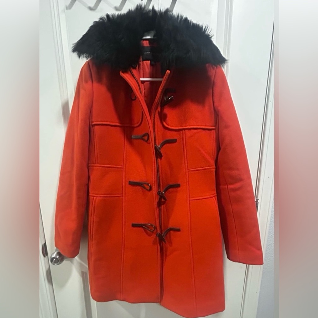 Banana Republic Fiery Red Pea Coat With Black Faux Fur Collar